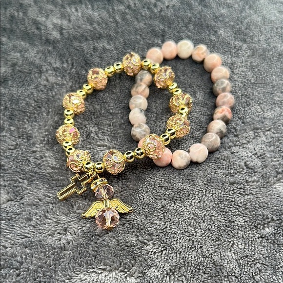 Set of 2 Bracelets Angel & Cross Charm Gold & Pink Beaded Dangling Charm Set - Picture 9 of 11